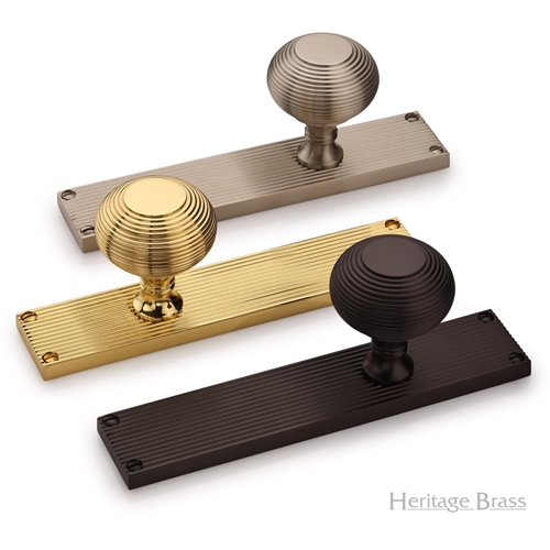 Beehive Reeded Mortice Knob on Plate  in Polished Brass