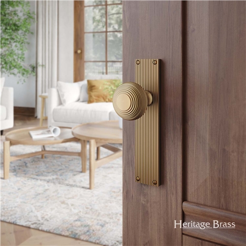 Beehive Reeded Mortice Knob on Plate  in Polished Brass