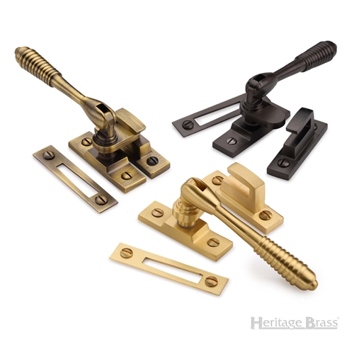 Mortice & Hook Plate Reeded Casement Fastener  in Polished Brass