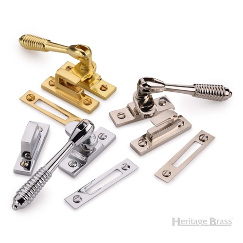 Mortice & Hook Plate Reeded Casement Fastener  in Polished Brass