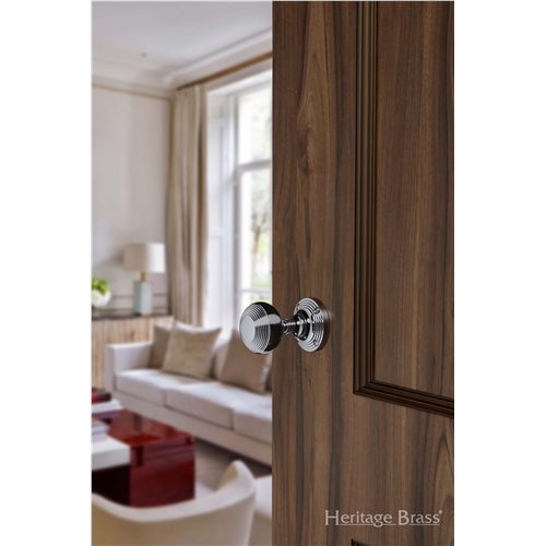 Reeded Mortice Door Knob on Rose in Polished Chrome