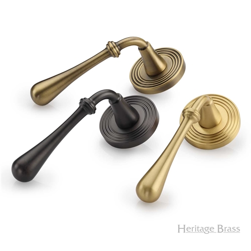 Roma Reeded Door Handle on Round Rose in Polished Brass