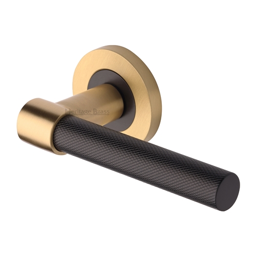 Phoenix Knurled Door Handle on Round Rose in Matt Bronze/Satin Brass
