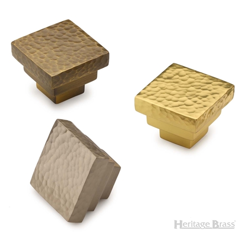 Square Stepped Cabinet Knob Hammered Design in Satin Brass