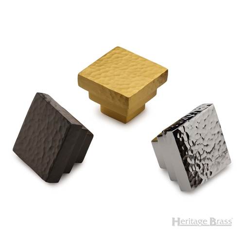 Square Stepped Cabinet Knob Hammered Design in Satin Brass