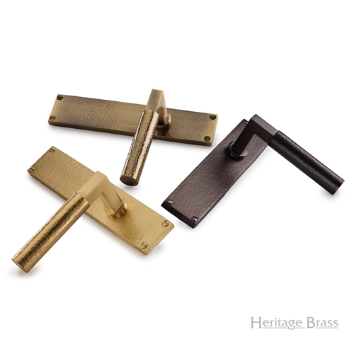 Bauhaus Hammered Door Handle on Plate in Antique Brass
