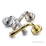 Colonial Reeded Door Handle on Round Rose in Antique Brass