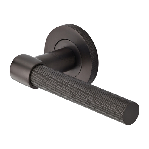 Heritage Brass Door Handle Lever on Knurled Rose Phoenix Knurled Design in Matt Bronze