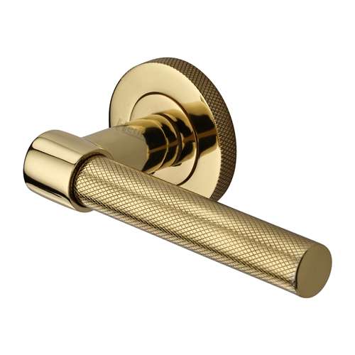 Heritage Brass Door Handle Lever on Knurled Rose Phoenix Knurled Design in Polished Brass