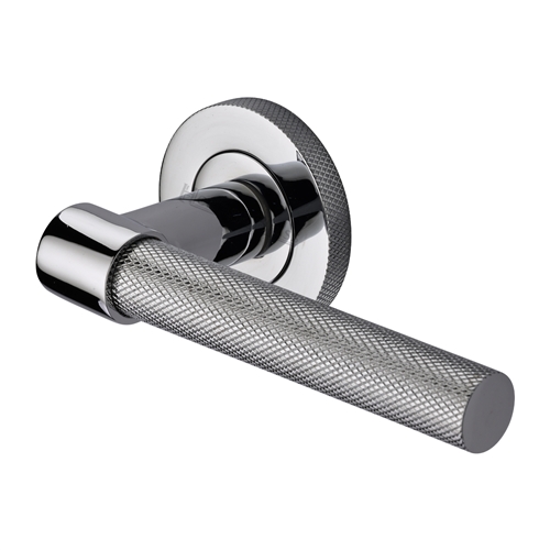 Heritage Brass Door Handle Lever on Knurled Rose Phoenix Knurled Design in Polished Chrome