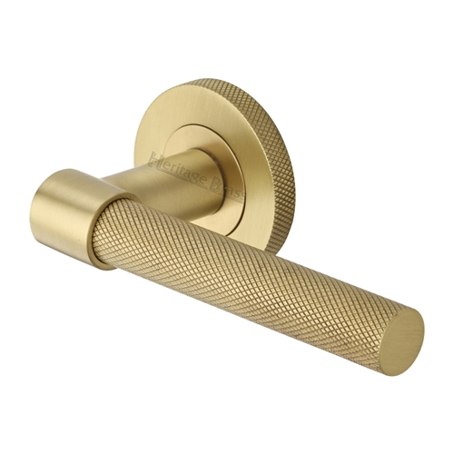 Heritage Brass Door Handle Lever on Knurled Rose Phoenix Knurled Design in Satin Brass
