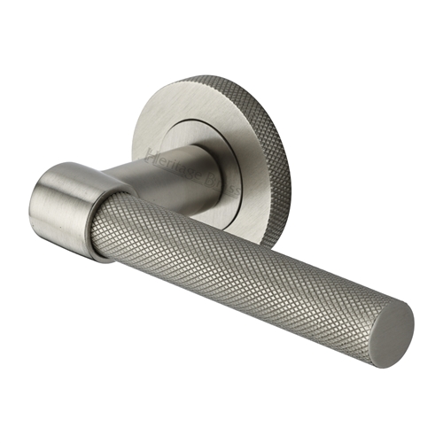 Heritage Brass Door Handle Lever on Knurled Rose Phoenix Knurled Design in Satin Nickel