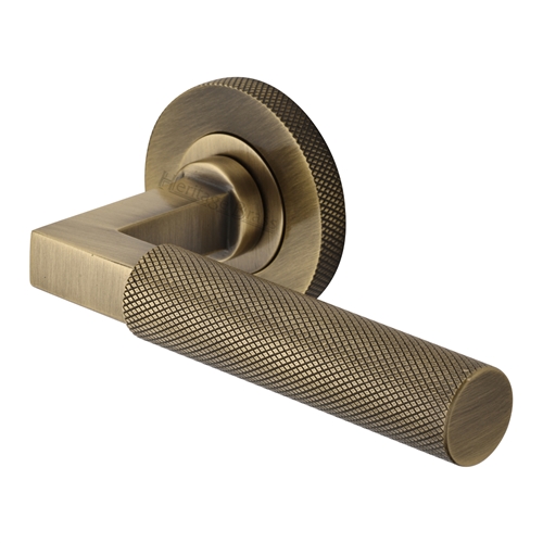 Heritage Brass Door Handle Lever on Knurled Rose Signac (Knurled Bauhaus) Design  in Antique Brass