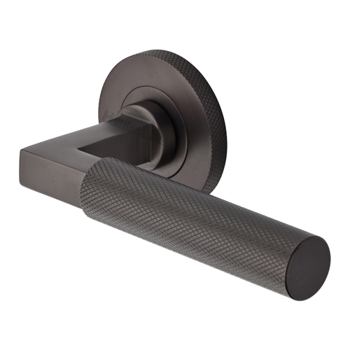Heritage Brass Door Handle Lever on Knurled Rose Signac (Knurled Bauhaus) Design  in Matt Bronze