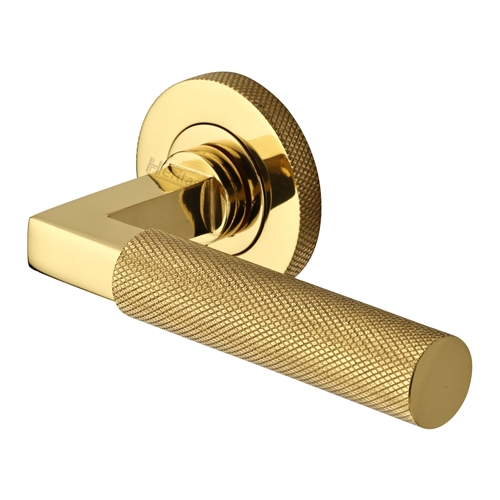 Heritage Brass Door Handle Lever on Knurled Rose Signac (Knurled Bauhaus) Design  in Polished Brass