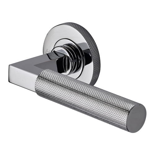 Heritage Brass Door Handle Lever on Knurled Rose Signac (Knurled Bauhaus) Design  in Polished Chrome