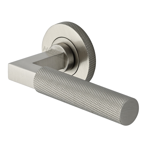 Heritage Brass Door Handle Lever on Knurled Rose Signac (Knurled Bauhaus) Design  in Satin Nickel