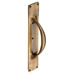 Door Pull Handle on Plate in Antique Brass