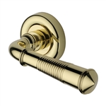 Colonial Reeded Door Handle on Round Rose in Polished Brass