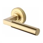 Bauhaus Door Handle on Round Rose in Satin Brass
