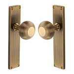 Beehive Reeded Mortice Knob on Plate  in Antique Brass