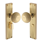 Beehive Reeded Mortice Knob on Plate  in Polished Brass