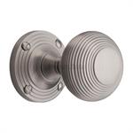 Reeded Mortice Door Knob on Rose in Satin Nickel